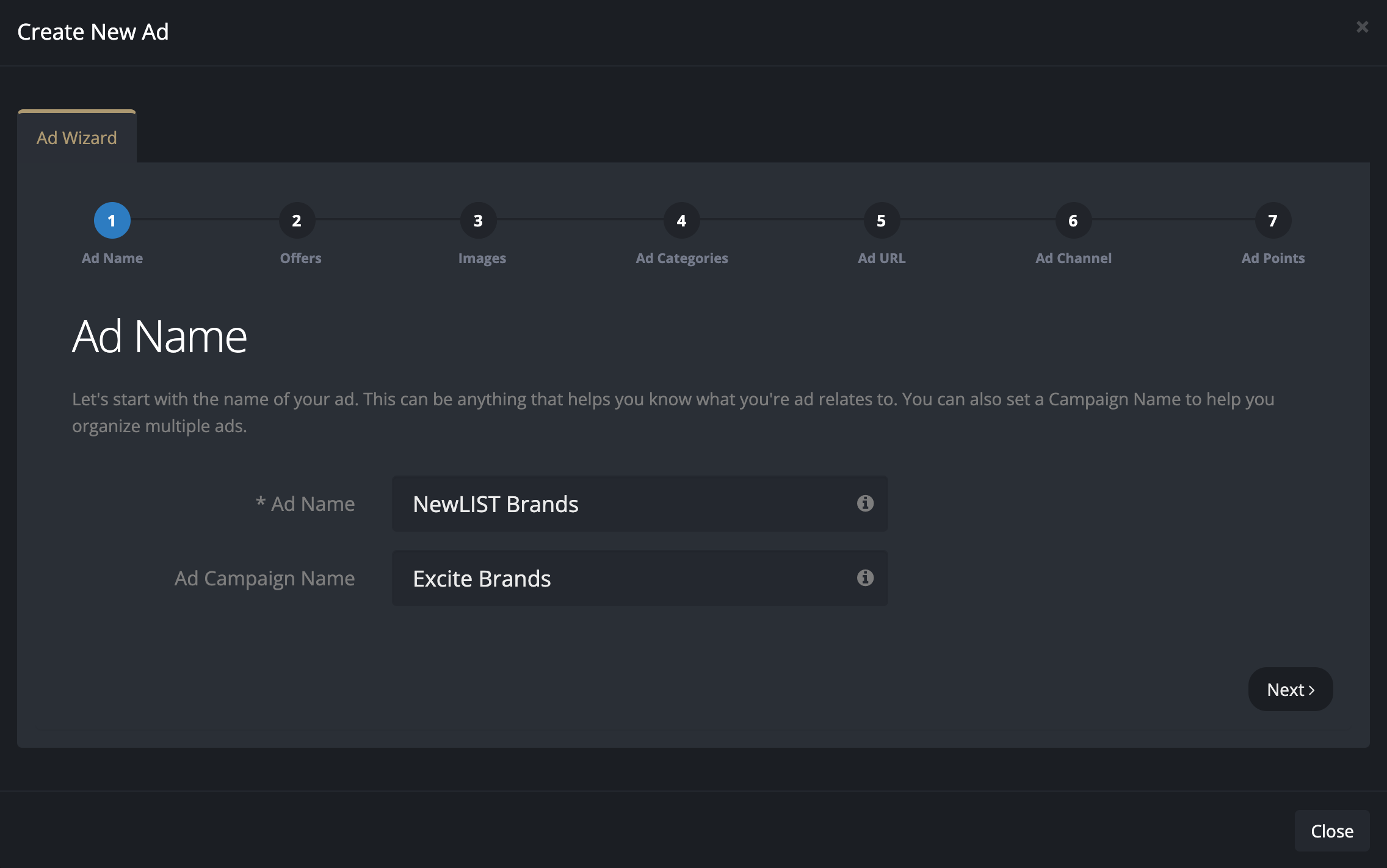 Ad Wizard Name Tab