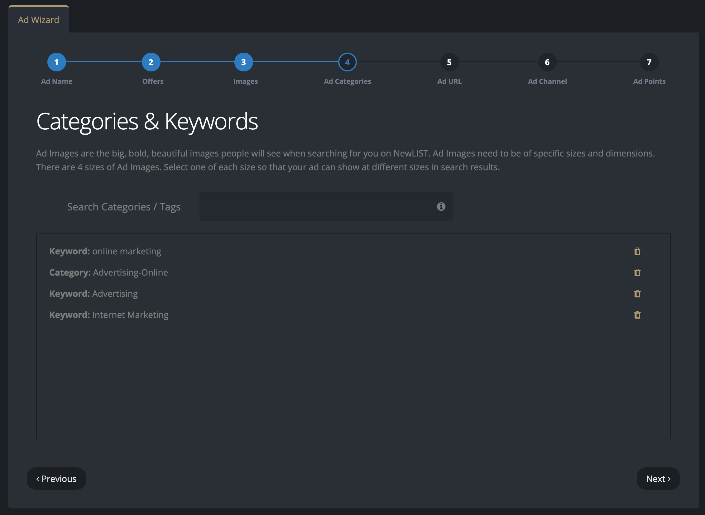 Ad Wizard Categories and Keywords Tab
